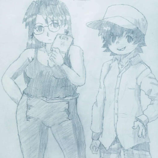 Pencil drawing of Tomo Takino and Koyomi Mizuhara from Azumanga Daioh.