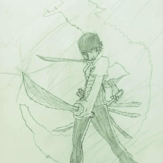 Pencil drawing of Roronoa Zoro from ONE PIECE, on his Enies Lobby Arc outfit.