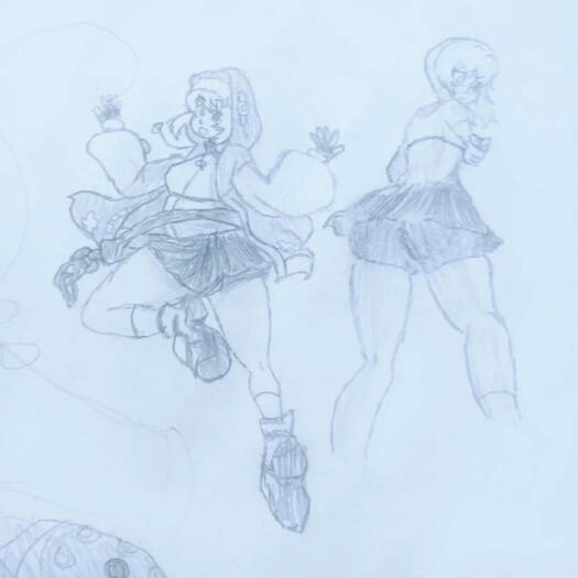 Pencil drawings of Bridget in her Guilty Gear Strive attire.